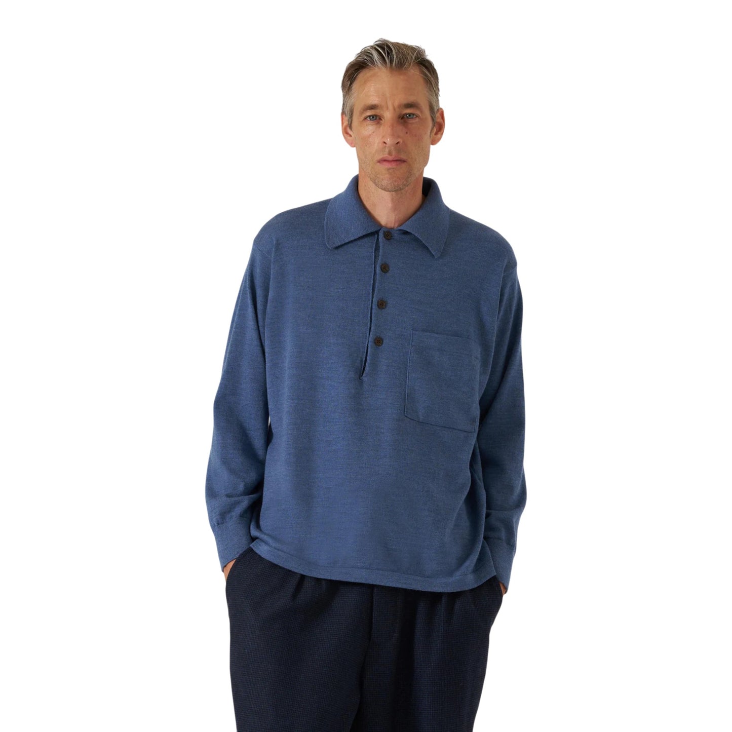 Polo Universal Works L/S Pullover Knit Merino - Airforce Blue