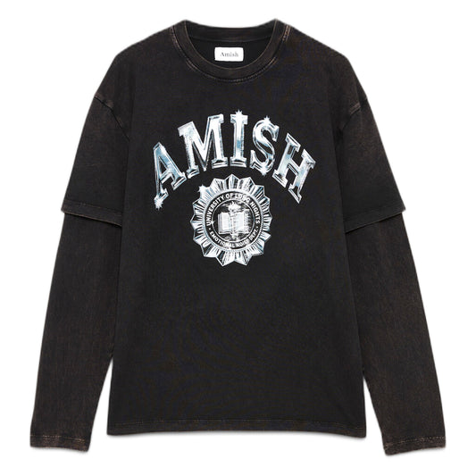 Long Sleeve T-Shirt Amish Double Layer Metallic - Pigment Washed Black