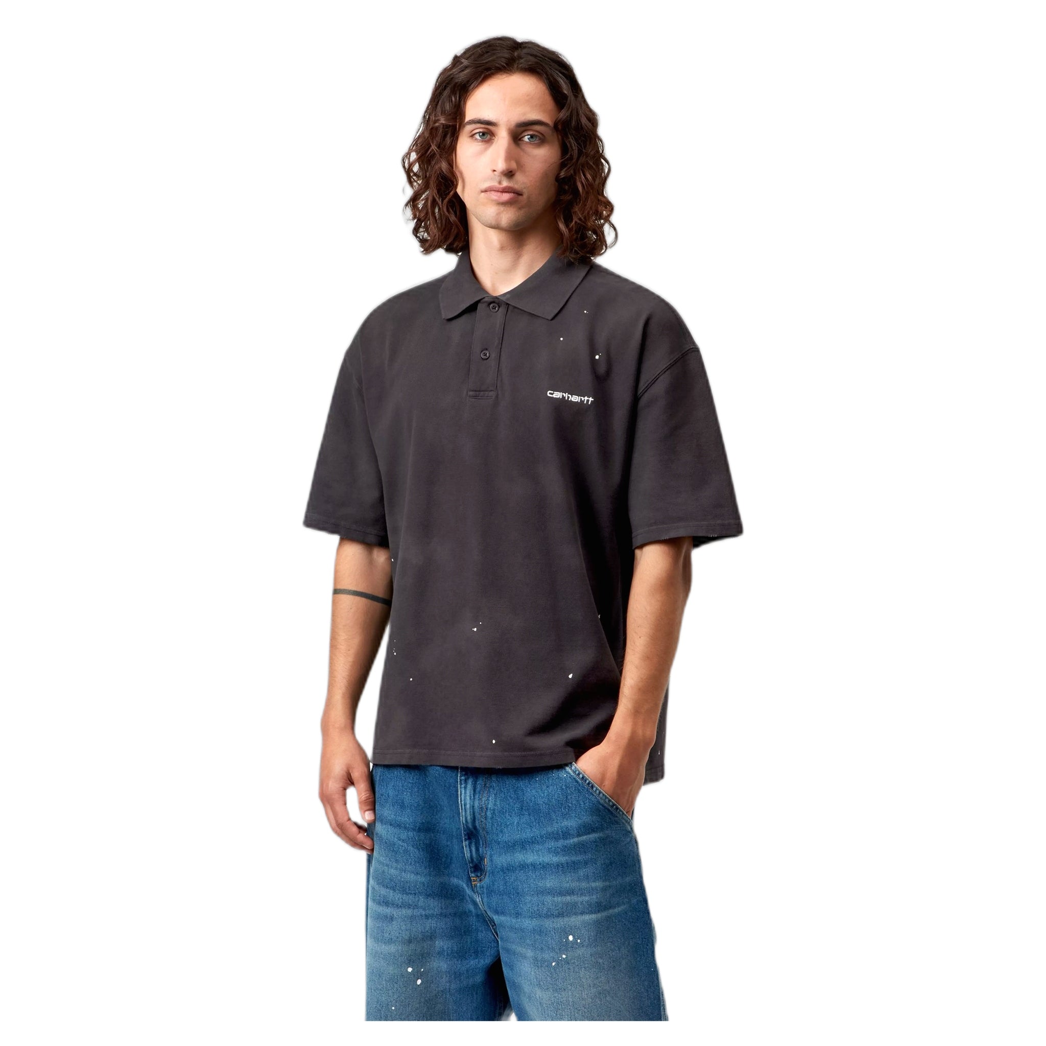 Polo Carhartt Wip S/S Painter Polo -Black destroy wash, splatter