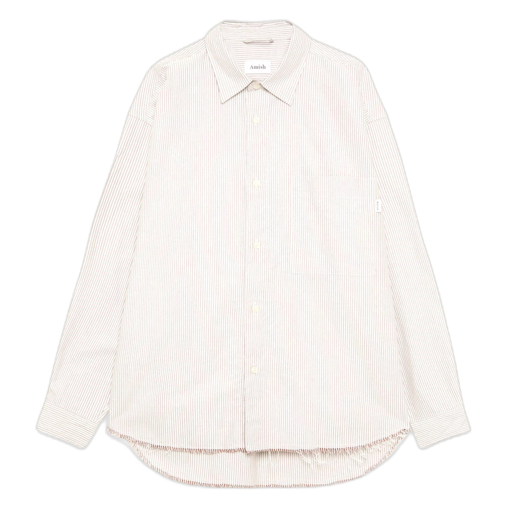 Camicia Amish Dropped Raw Edge Oxford Stripe Washed - Off White - Camicie di Amish | Francis Concept