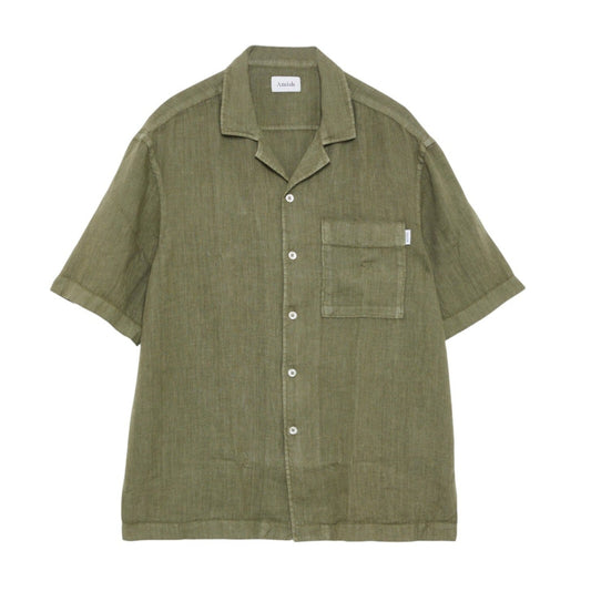 Camicia Uomo in lino Amish Highland Shirt MAN AMISH Linen Dyed Army Green Verde - Camicie di Amish | Francis Concept