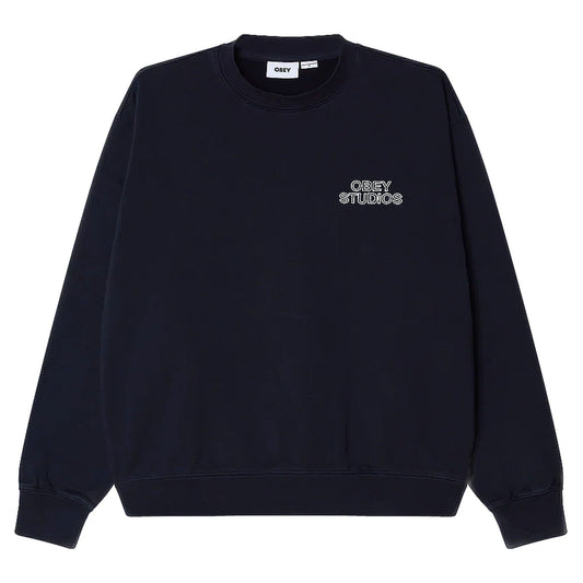 Felpa Obey Studios Faded Crew Fleece - Dark Navy Faded Wash - Felpe di Obey | Francis Concept