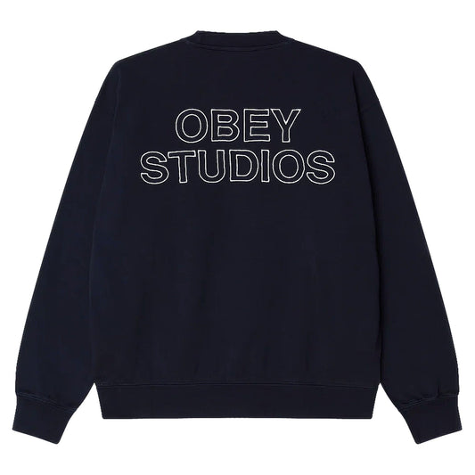 Felpa Obey Studios Faded Crew Fleece - Dark Navy Faded Wash - Felpe di Obey | Francis Concept