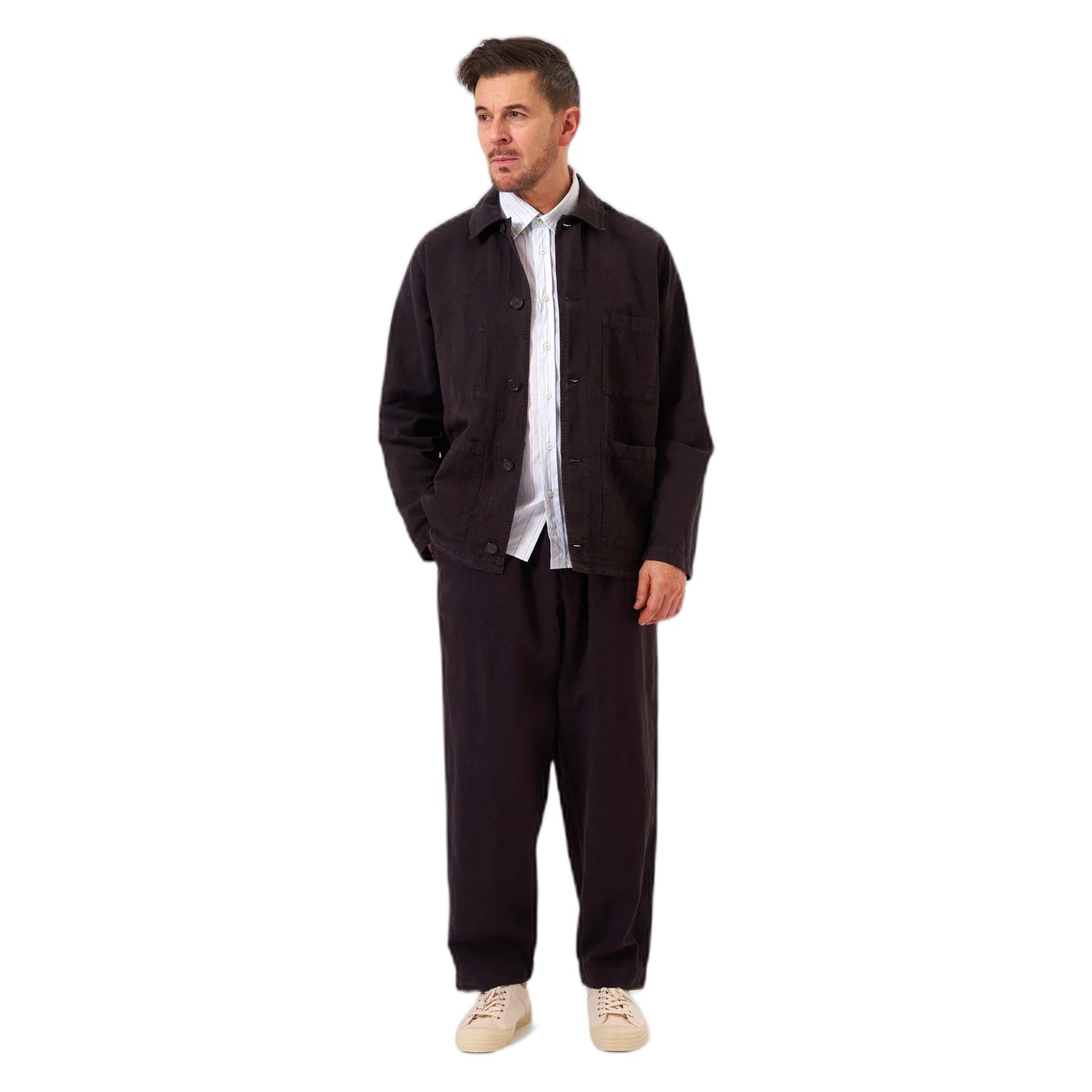 Giacca Universal Works Coverall Jacket Lyo Linen Mix - Licorice - Giacche di Universal Works | Francis Concept