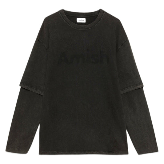 Longsleeve Amish Double Shadow Logo - Pigment Stone Black - T-Shirt di Amish | Francis Concept