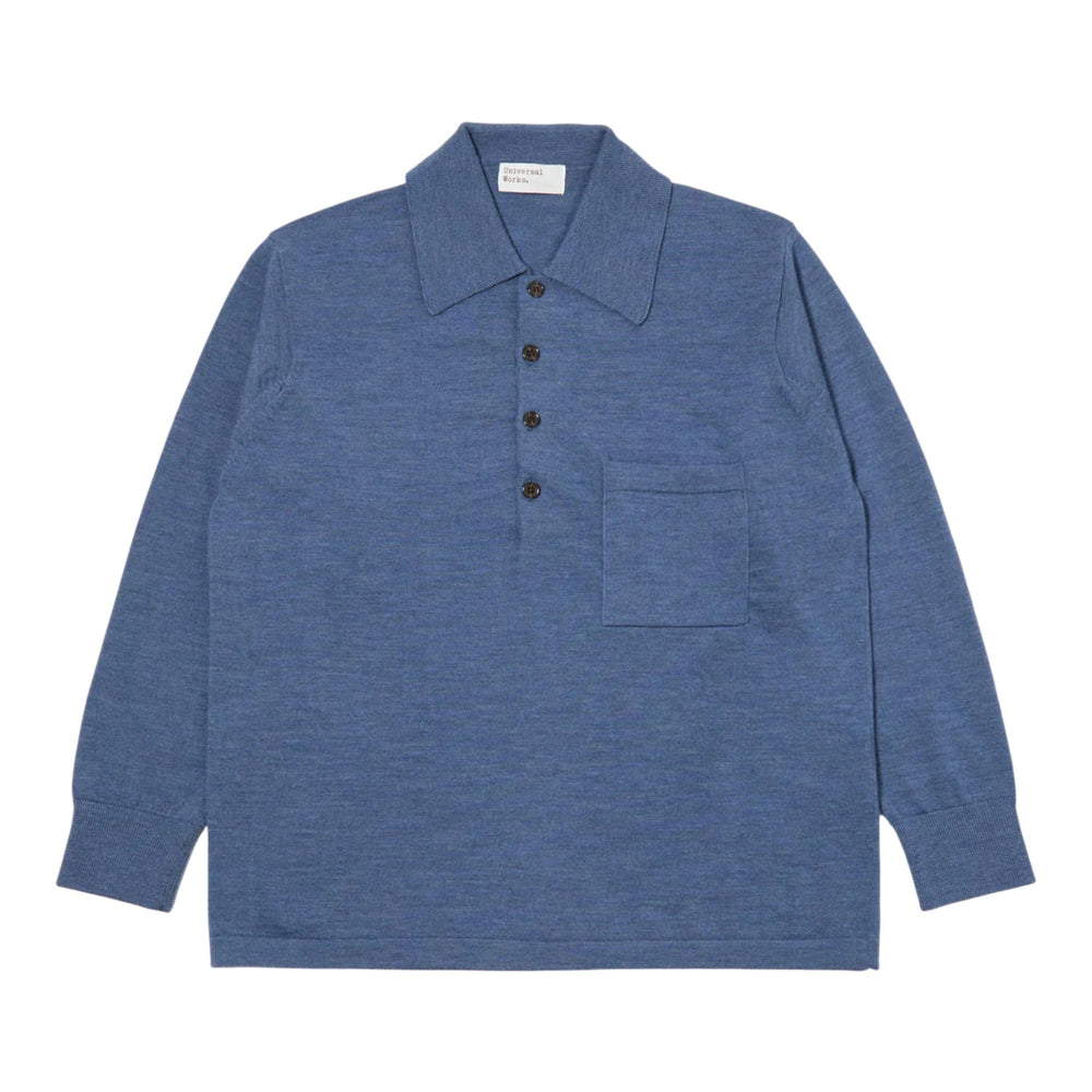 Polo Universal Works L/S Pullover Knit Merino - Airforce Blue - Maglieria di Universal Works | Francis Concept