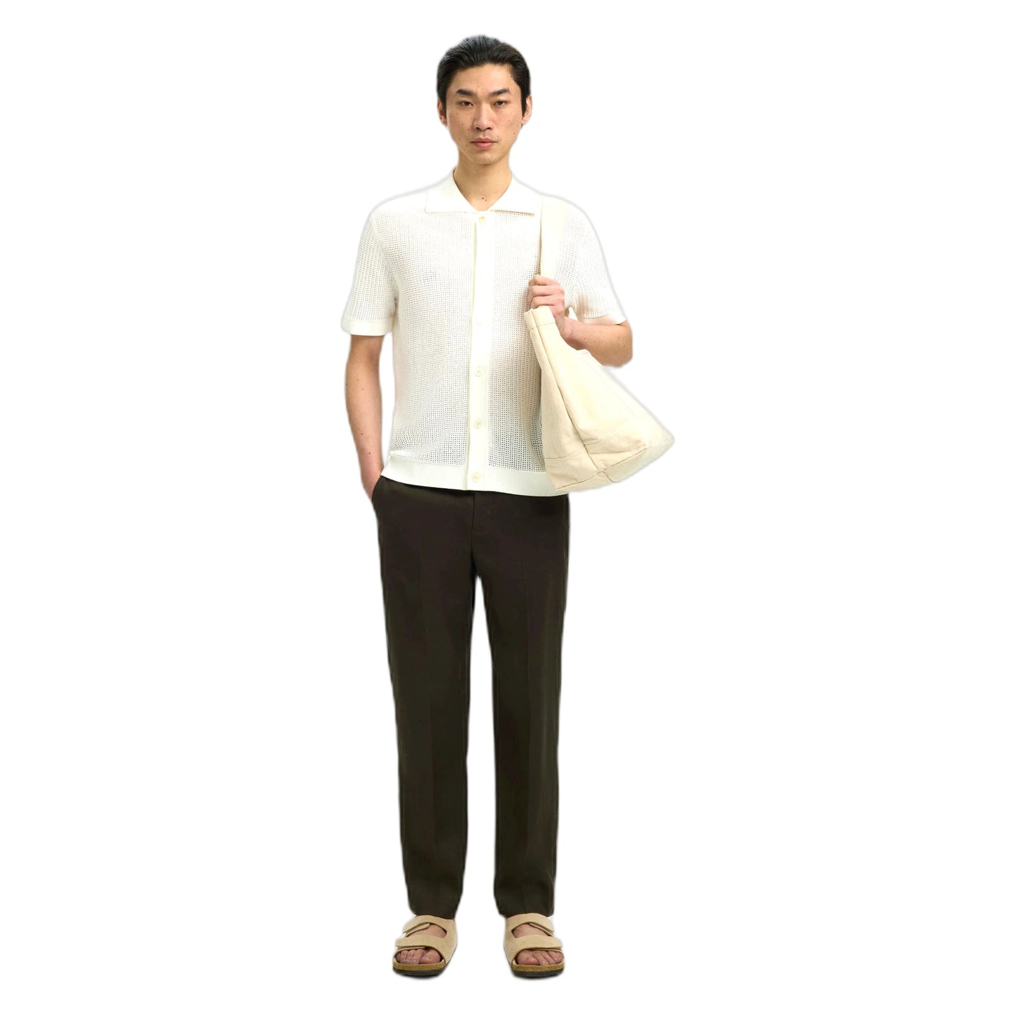 Selected Homme Shane SS Open Structure Polo Cardigan - Egret