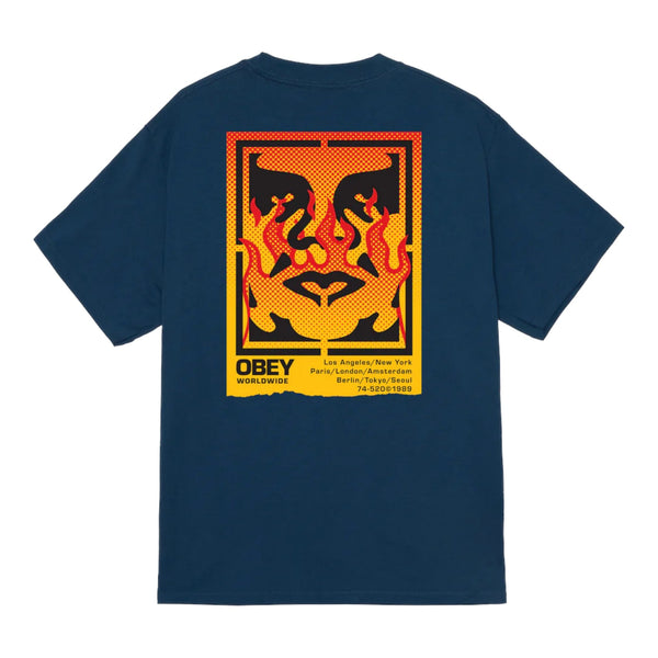 T-Shirt Obey Icon Stencil Flame Tee - Harbour Blue - T-Shirt di Obey | Francis Concept